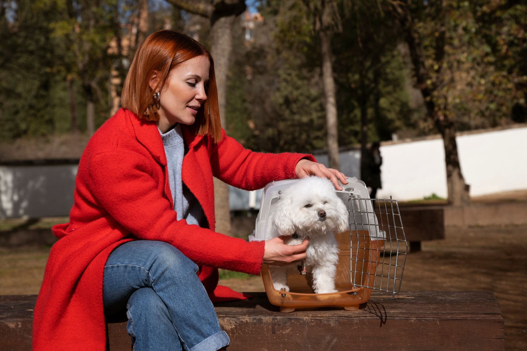 A woman in a red coat with her small dog in a park