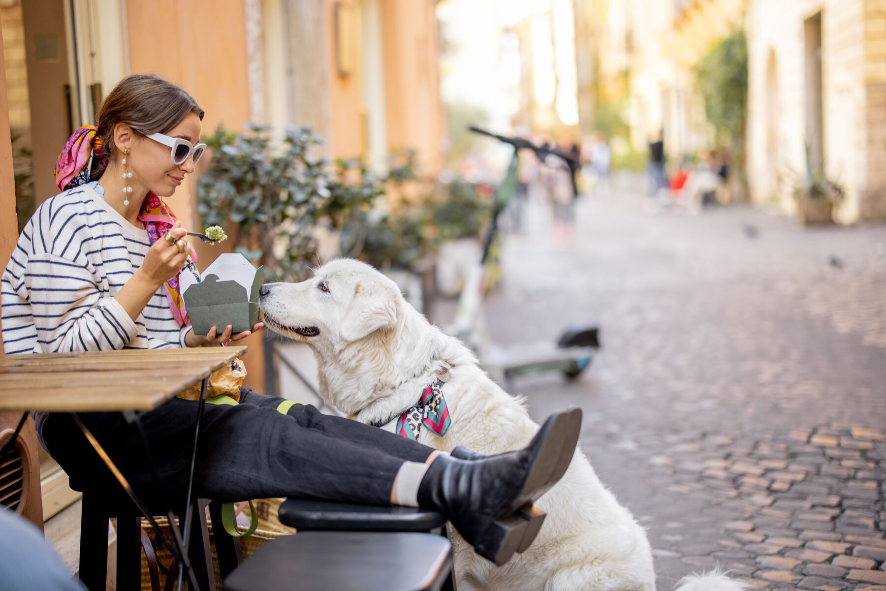 A woman and her dog at a café along a cobblestone street